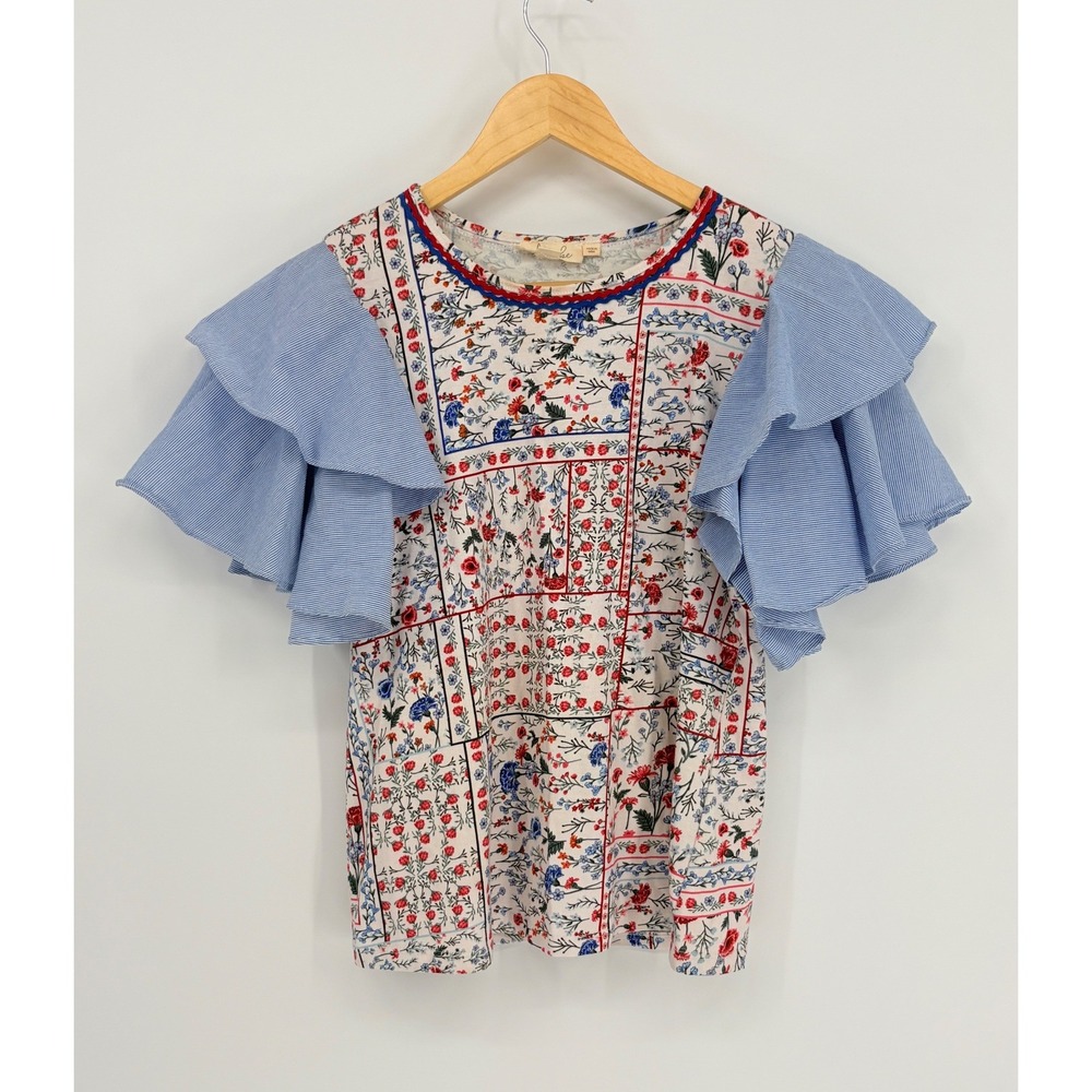 Anthropologie Let Me Be Flutter‎ Sleeve Top Patchwork Floral Size XS Cotton Boho - Picture 3 of 11